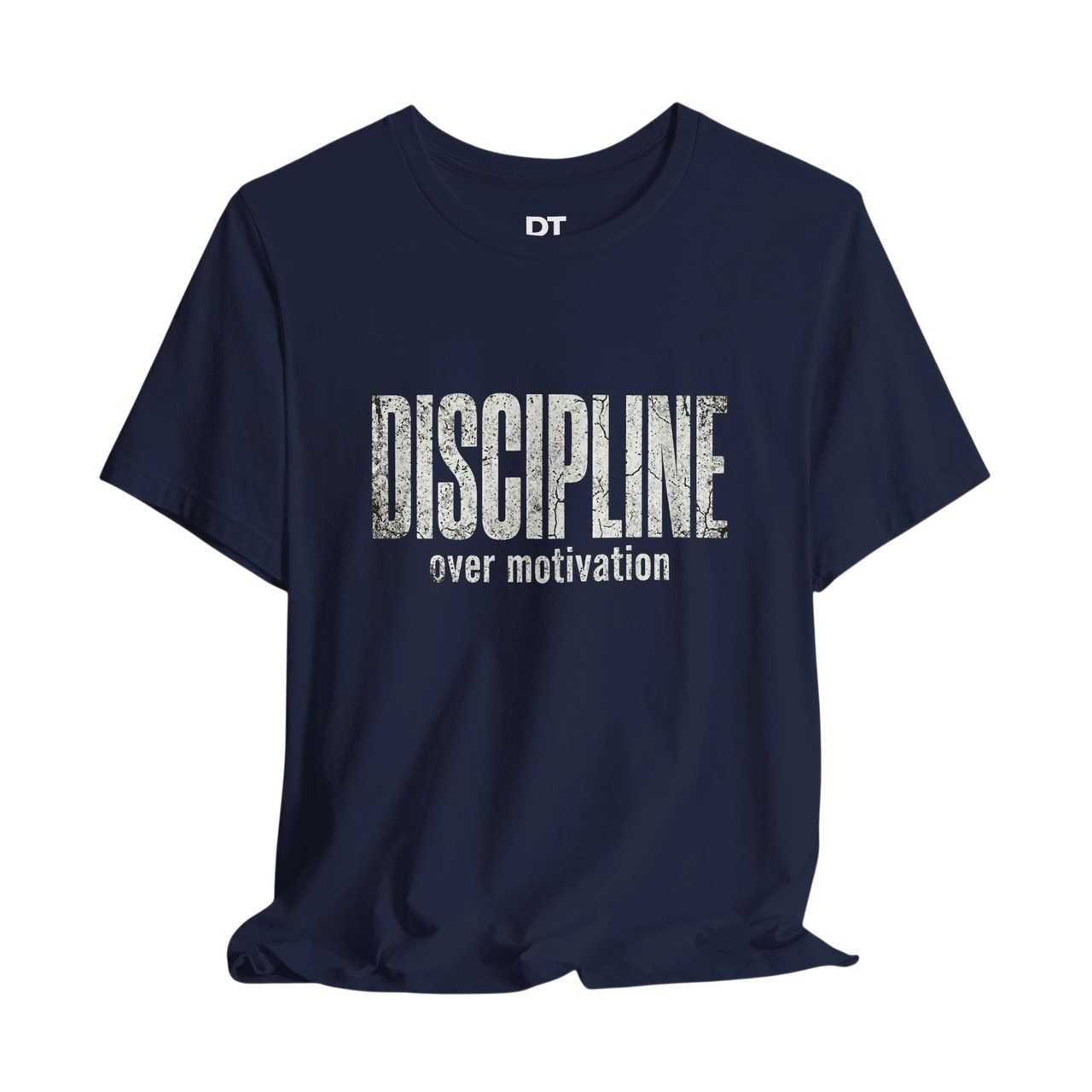 DailyThreadCo. navy blue 100% cotton t-shirt with distressed white text reading "DISCIPLINE over motivation".