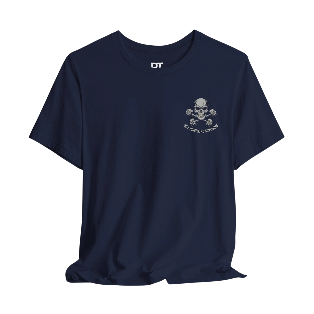 DailyThreadCo. navy blue 100% Airlume cotton t-shirt with a small skull and dumbbells graphic on the chest and "No Excuses, No Survivors" text.