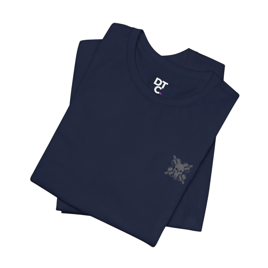 DailyThreadCo. navy blue 100% cotton t-shirt with a small chest logo and a large graphic print of crossed barbells and a skull.