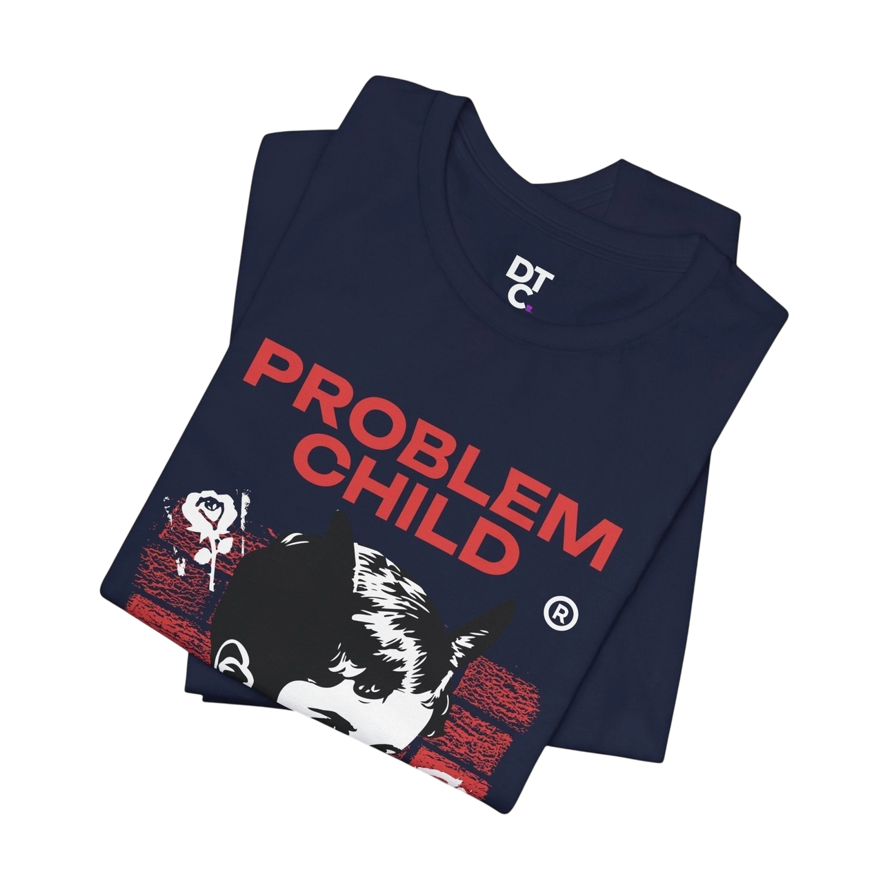 DailyThreadCo. navy blue 100% cotton graphic tee with "PROBLEM CHILD" in red and a distressed punk kid graphic.