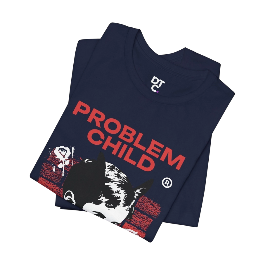 DailyThreadCo. navy blue 100% cotton graphic tee with "PROBLEM CHILD" in red and a distressed punk kid graphic.