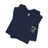 DailyThreadCo. navy blue 100% cotton t-shirt with a skeleton deadlifting graphic and 