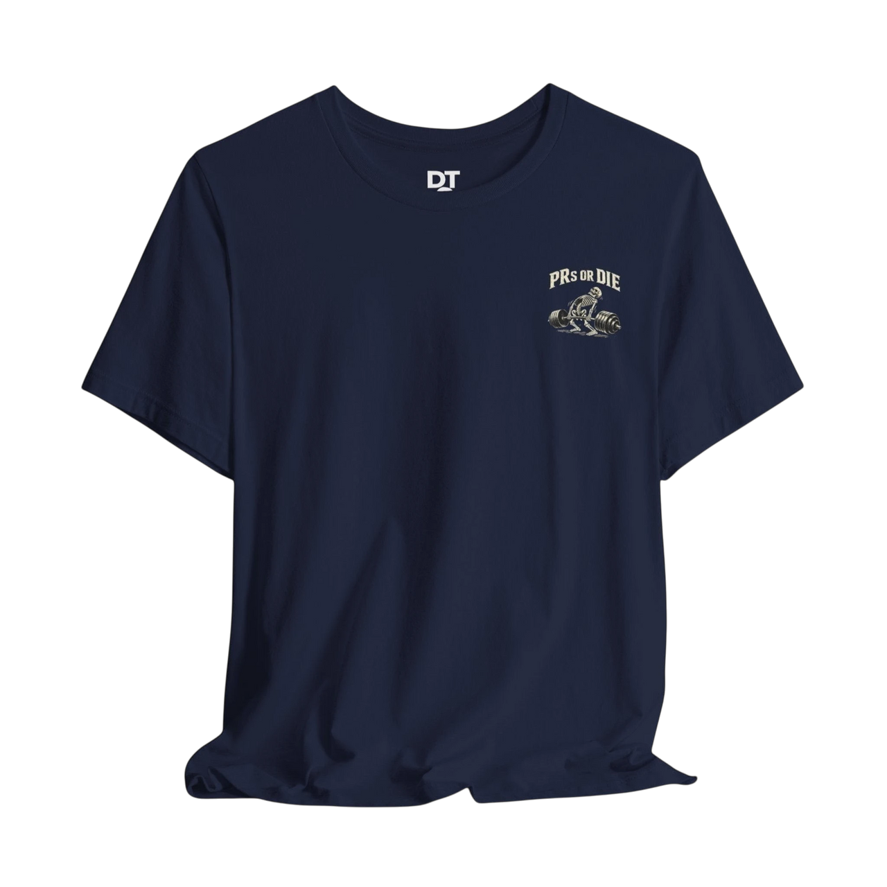 DailyThreadCo. navy blue 100% cotton t-shirt with a skeleton deadlifting graphic and "PRs or Die" text on the chest.