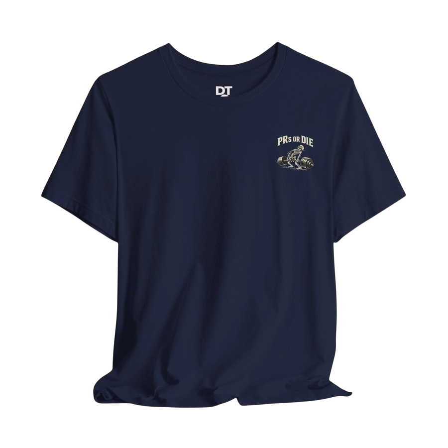 DailyThreadCo. navy blue 100% cotton t-shirt with a skeleton deadlifting graphic and "PRs or Die" text on the chest.