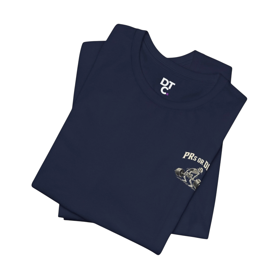 DailyThreadCo. navy blue 100% cotton t-shirt with a skeleton deadlifting graphic and "PRs or Die" text on the back.