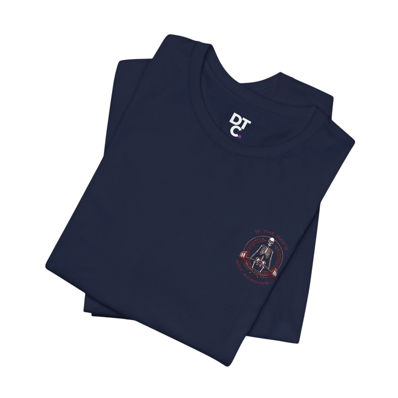 DailyThreadCo. navy blue 100% cotton t-shirt with a skeleton weightlifter graphic on the back and a small logo on the chest.