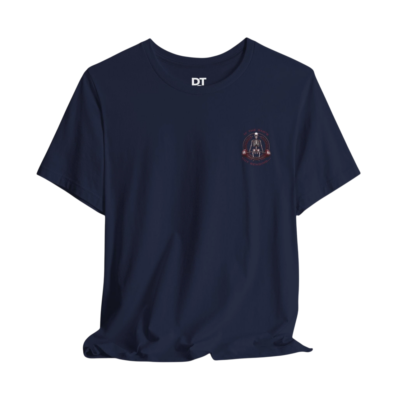DailyThreadCo. navy blue 100% cotton t-shirt with a skeleton weightlifter graphic on the back and chest emblem. Crew neck, short sleeves, retail fit.