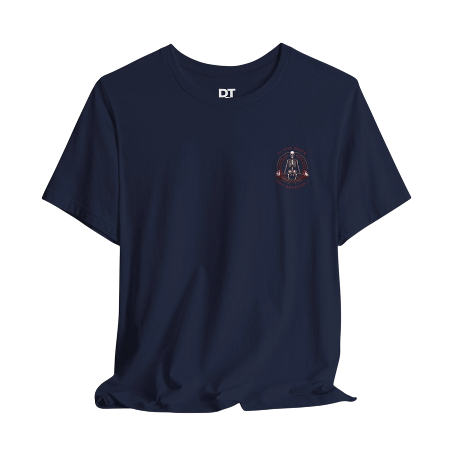 DailyThreadCo. navy blue 100% cotton t-shirt with a skeleton weightlifter graphic on the back and chest emblem. Crew neck, short sleeves, retail fit.