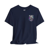 DailyThreadCo. navy blue 100% cotton t-shirt with a skull graphic gripping a barbell and neon streaks. Text reads 