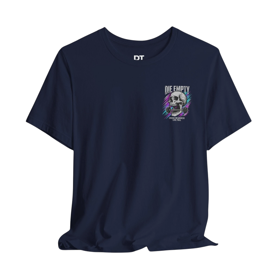 DailyThreadCo. navy blue 100% cotton t-shirt with a skull graphic gripping a barbell and neon streaks. Text reads "DIE EMPTY".