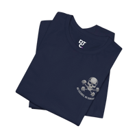 DailyThreadCo. navy blue 100% cotton crew neck t-shirt with a skull and dumbbells graphic and 