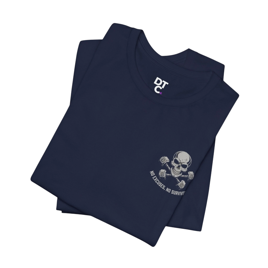 DailyThreadCo. navy blue 100% cotton crew neck t-shirt with a skull and dumbbells graphic and "No Excuses, No Survivors" text.
