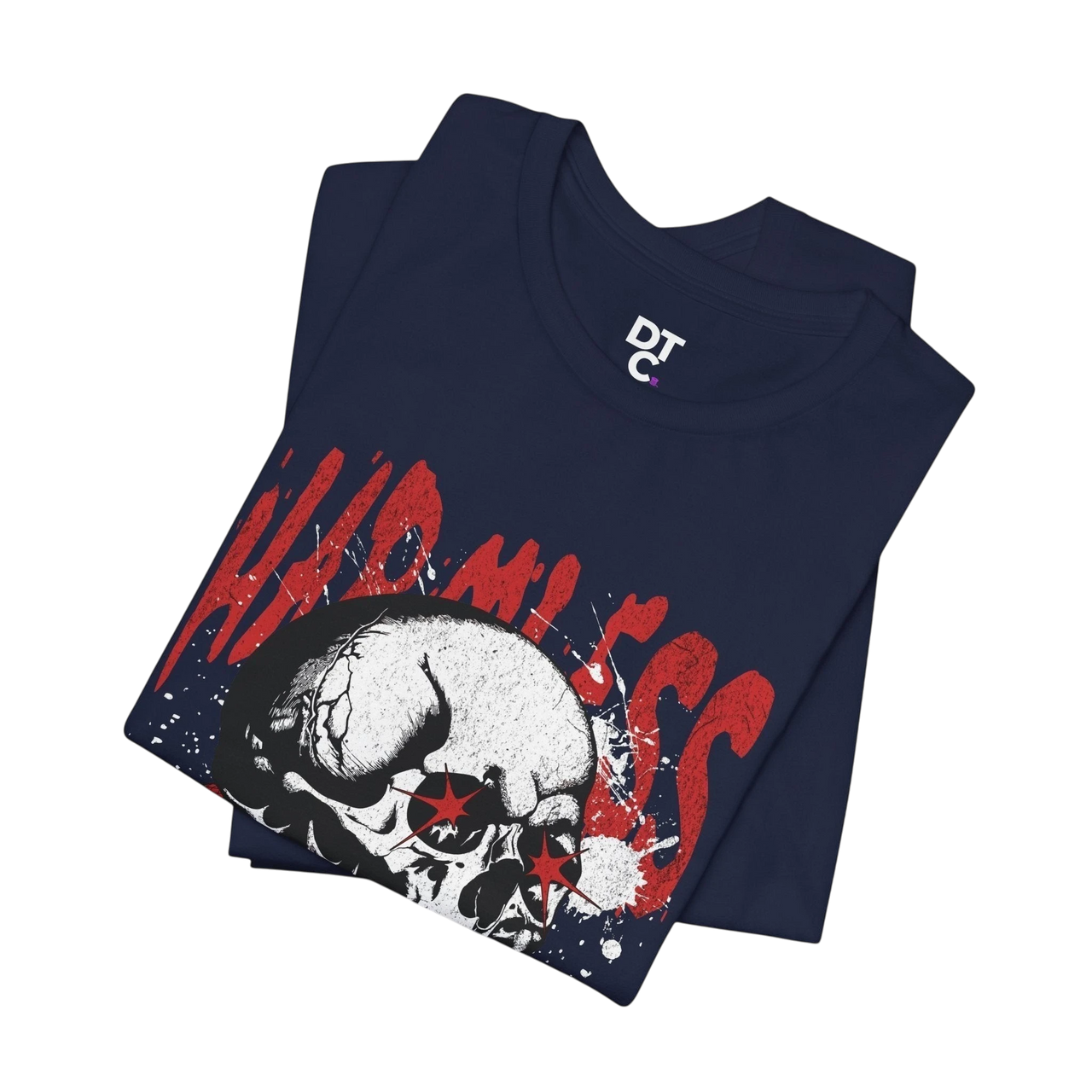 DailyThreadCo. navy blue cotton t-shirt with a distressed white skull graphic and red "Hamless" text. Crew neck, short sleeves.