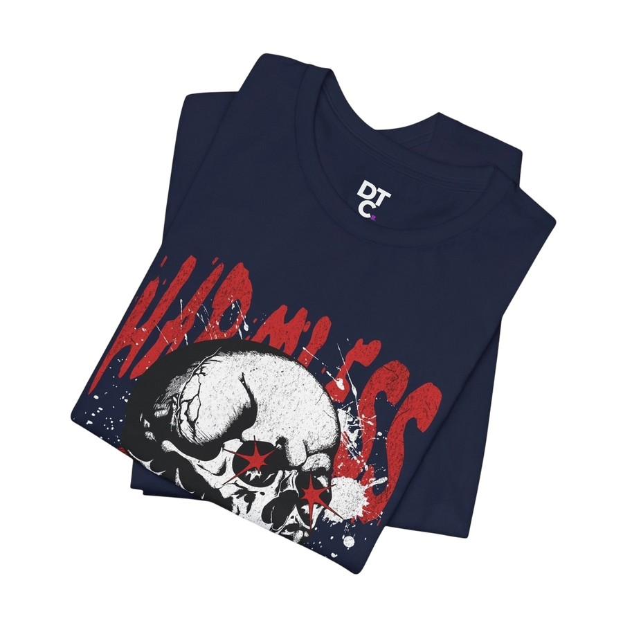 DailyThreadCo. navy blue cotton t-shirt with a distressed white skull graphic and red "Hamless" text. Crew neck, short sleeves.