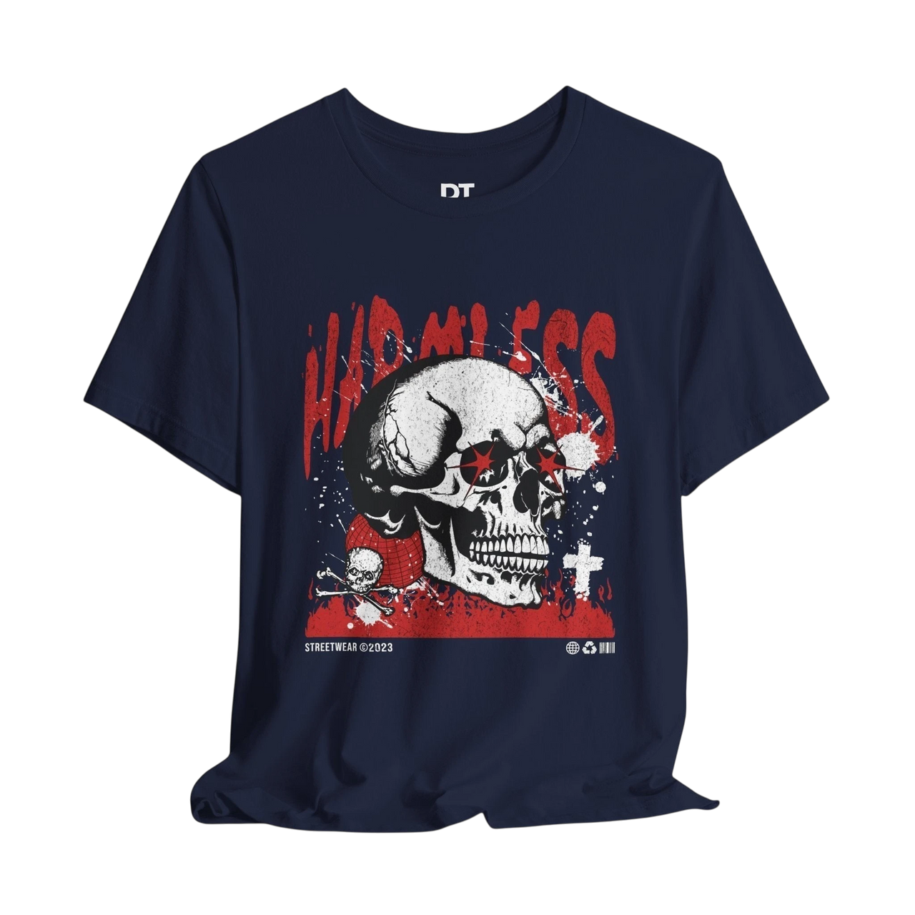 DailyThreadCo. navy blue 100% cotton t-shirt with a graphic skull wearing sunglasses and red accents. Features "HARMLESS" text.