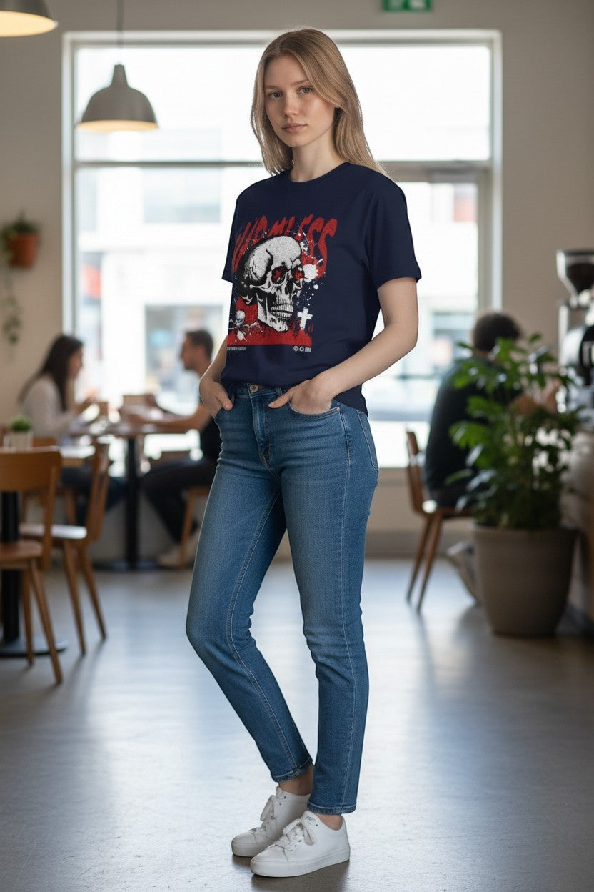 DailyThreadCo. navy blue 100% cotton t-shirt with a graphic skull wearing sunglasses, red splatters, and the word "HARMLESS" in red.