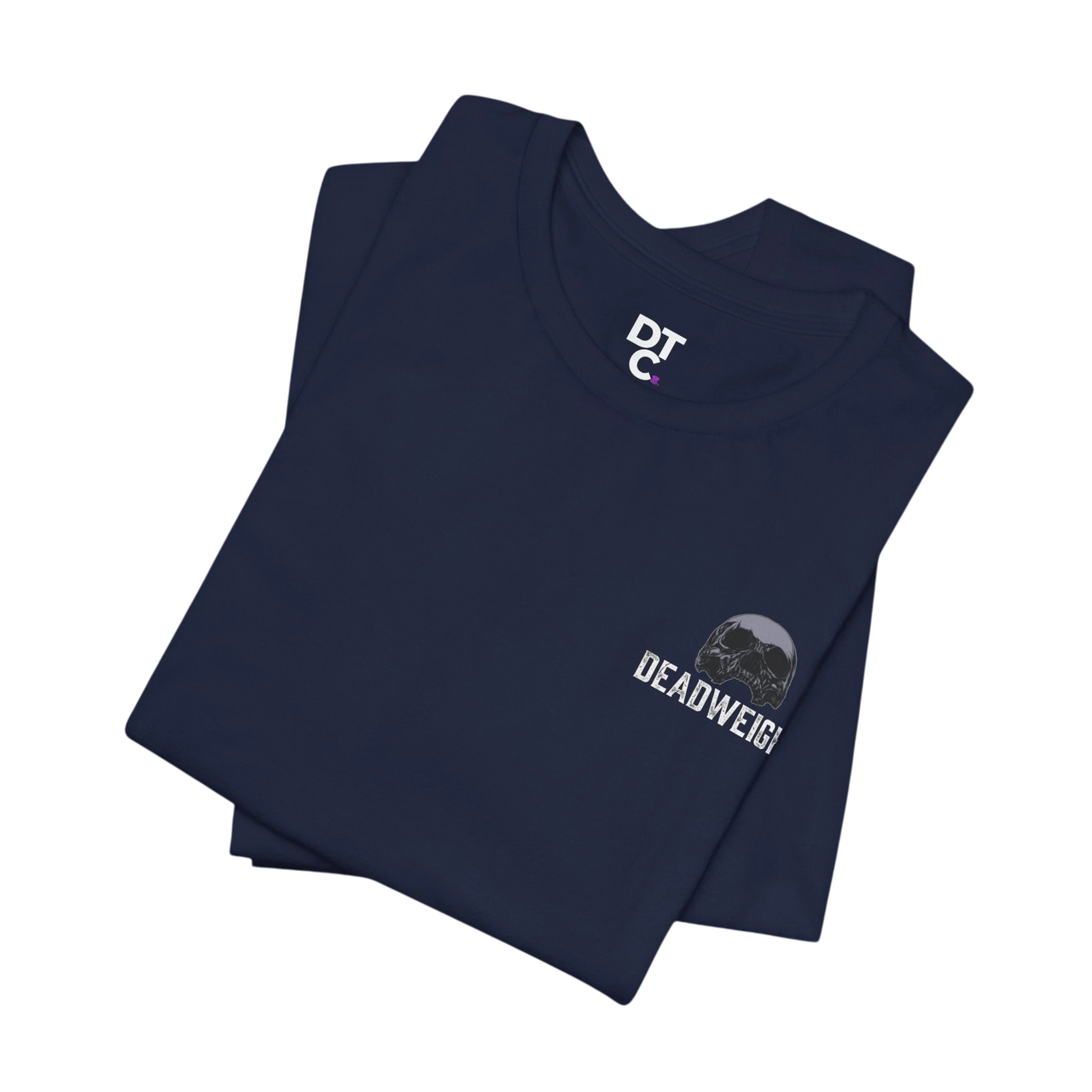 DailyThreadCo. navy blue 100% cotton t-shirt with distressed skull and text graphic on chest and back.