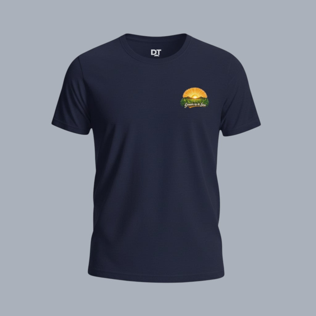 DailyThreadCo. navy blue 100% Airlume cotton t-shirt with a vintage sunrise farming graphic on the back and "Grown by the Sun" text.