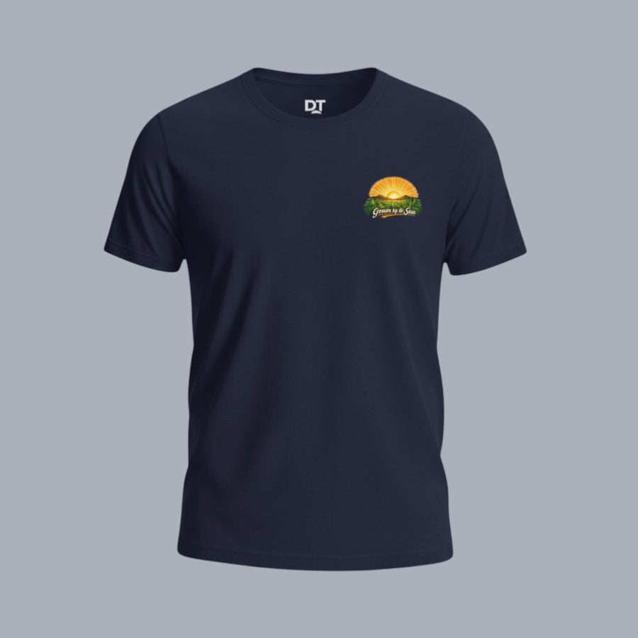 DailyThreadCo. navy blue 100% Airlume cotton t-shirt with a vintage sunrise farming graphic on the back and "Grown by the Sun" text.
