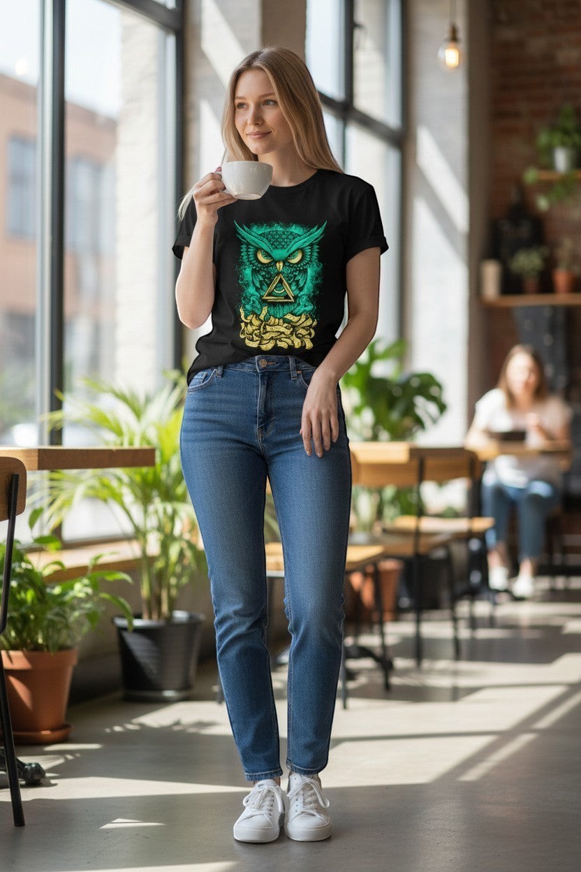 DailyThreadCo black cotton crew-neck t-shirt with a neon green owl graphic, yellow eyes, and a gold triangle symbol.