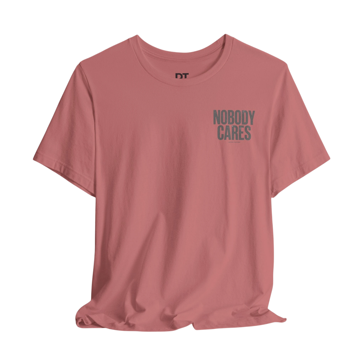 DailyThreadCo. dusty rose 100% cotton graphic tee with "Nobody Cares" text on the chest.