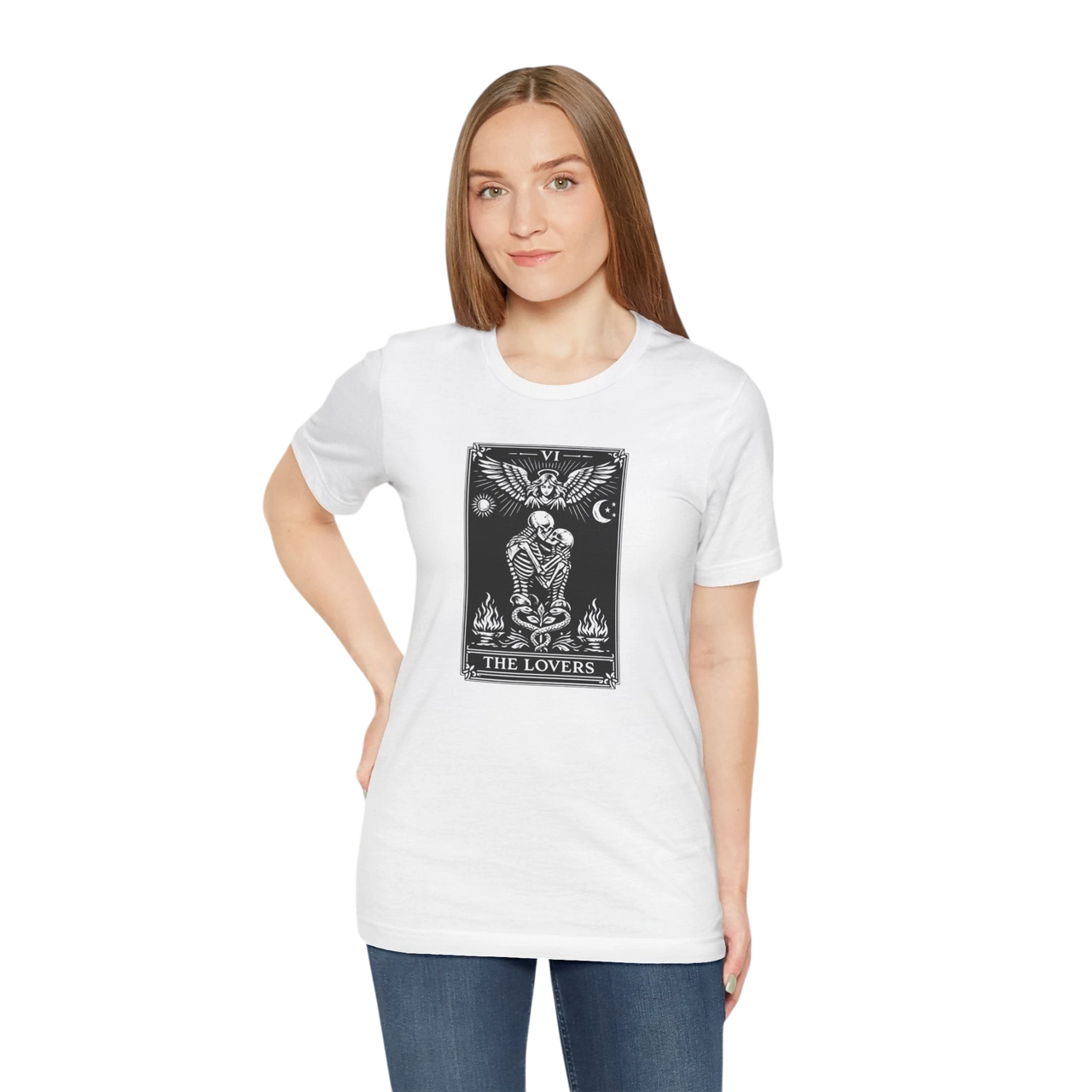 DailyThreadCo. white 100% cotton t-shirt with a black and white graphic of The Lovers tarot card, featuring skeleton figures, angelic wings, sun, moon, and flames.