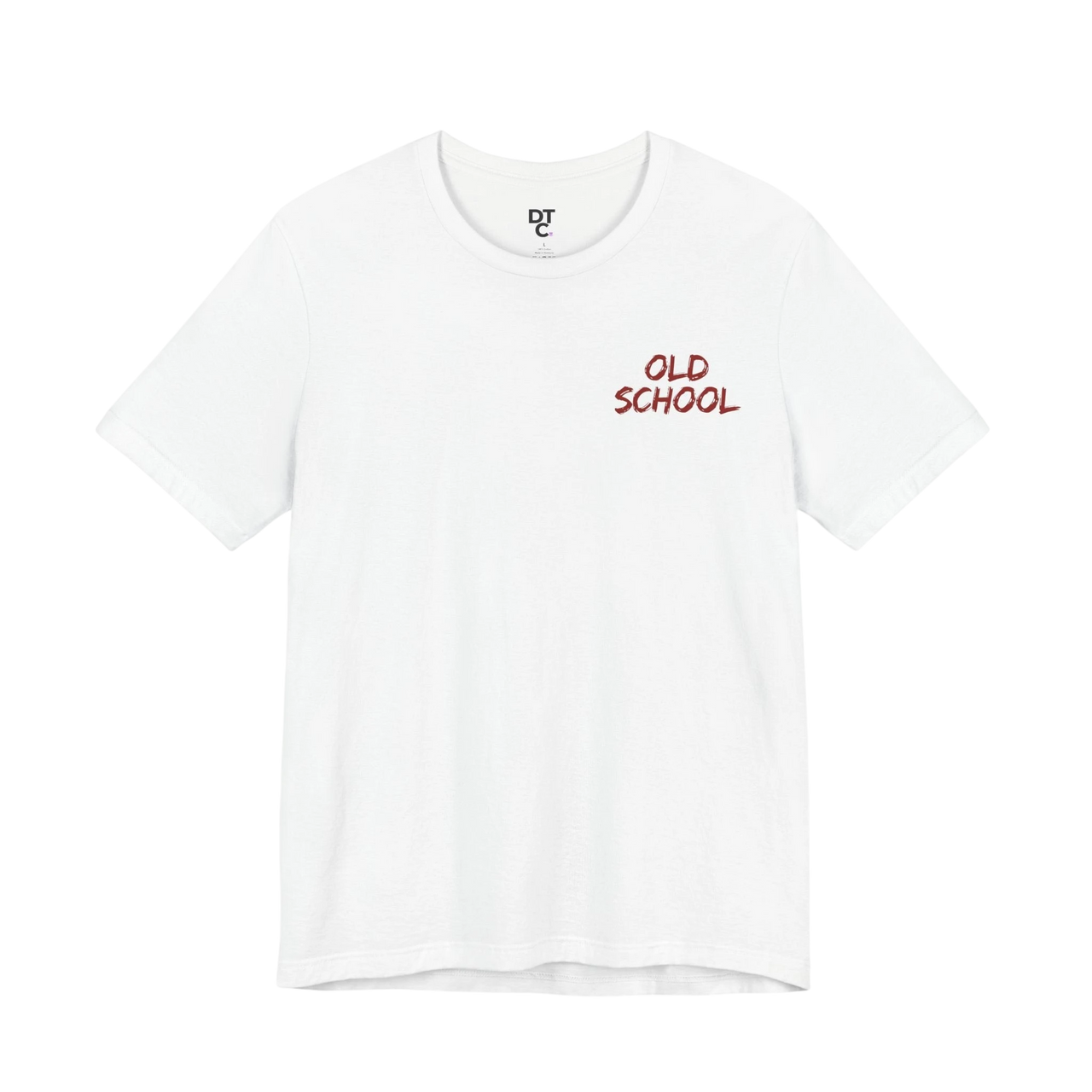 DailyThreadCo. white 100% cotton t-shirt with "OLD SCHOOL" printed in red on the chest and a crew neck.