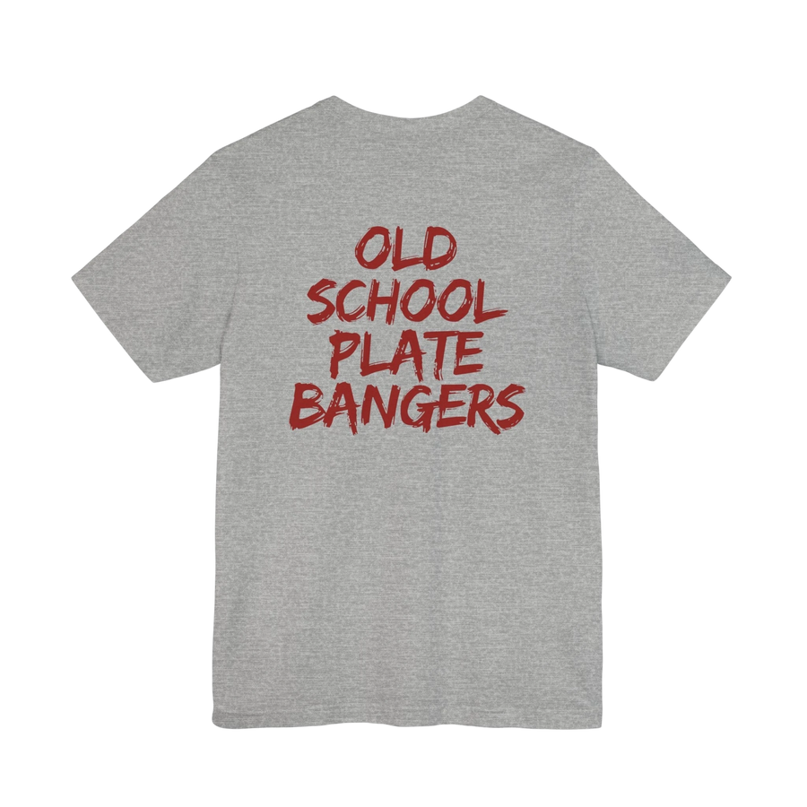 DailyThreadCo. grey 100% cotton t-shirt with red distressed text reading "OLD SCHOOL PLATE BANGERS" on the back.