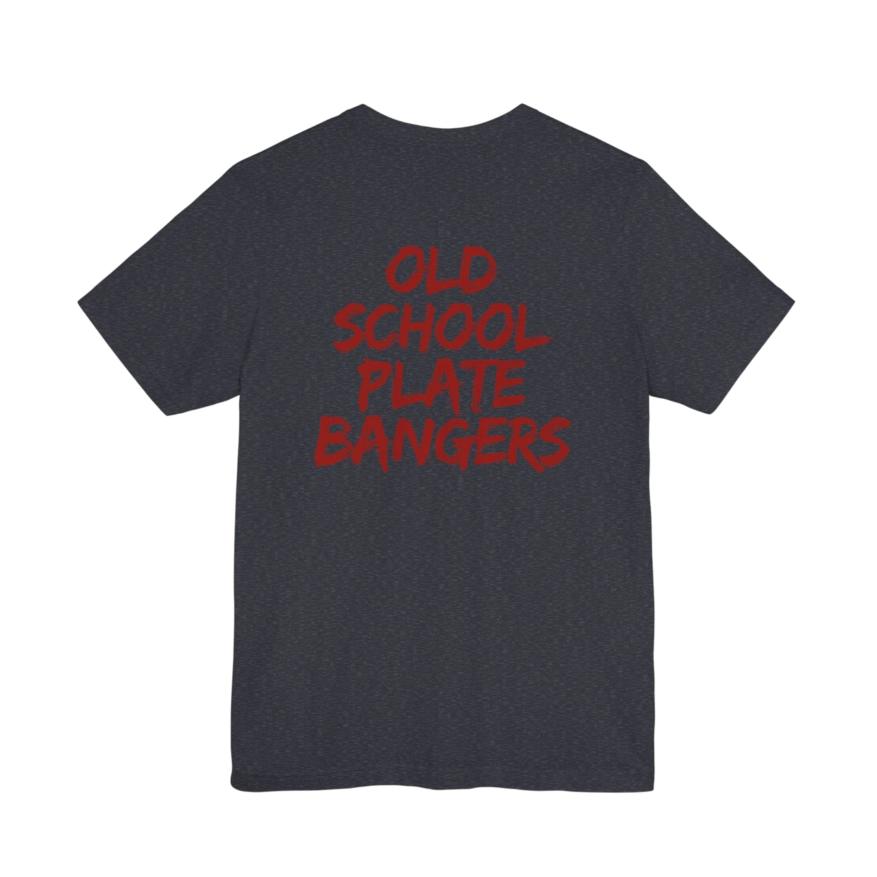 DailyThreadCo. dark grey 100% cotton t-shirt with red "OLD SCHOOL PLATE BANGERS" graphic on back.