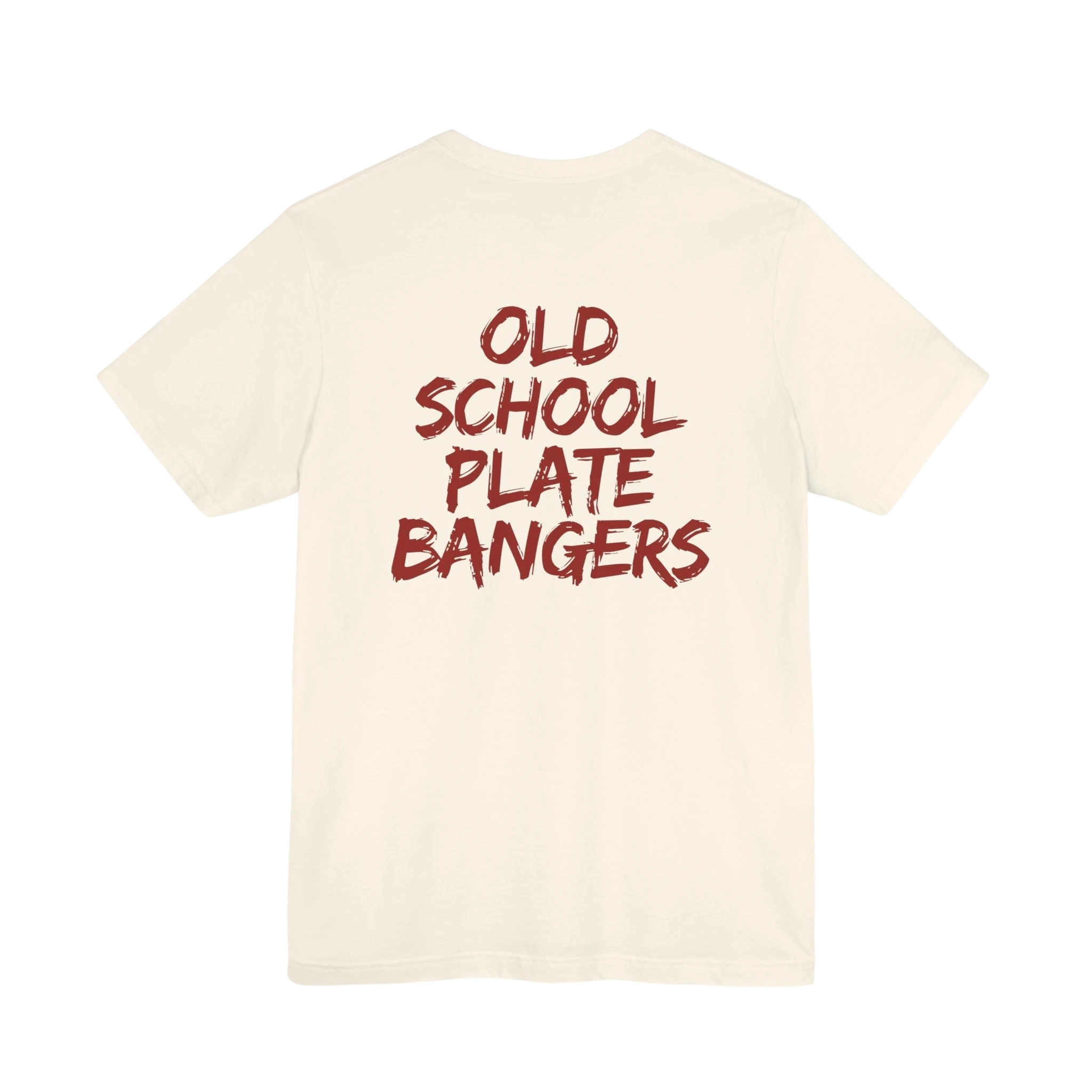 DailyThreadCo. cream 100% cotton t-shirt with "OLD SCHOOL PLATE BANGERS" graphic print in maroon.