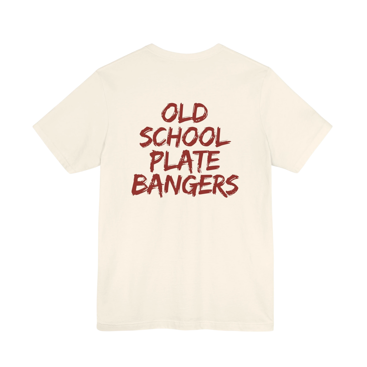 DailyThreadCo. cream 100% cotton t-shirt with "OLD SCHOOL PLATE BANGERS" graphic print in maroon.