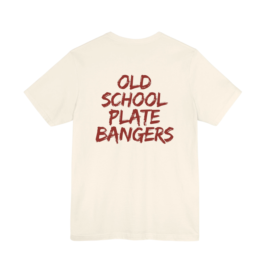DailyThreadCo. cream 100% cotton t-shirt with "OLD SCHOOL PLATE BANGERS" graphic print in maroon.