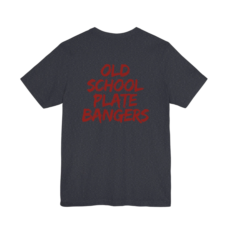 DailyThreadCo. dark grey 100% cotton t-shirt with red "OLD SCHOOL PLATE BANGERS" graphic on back.