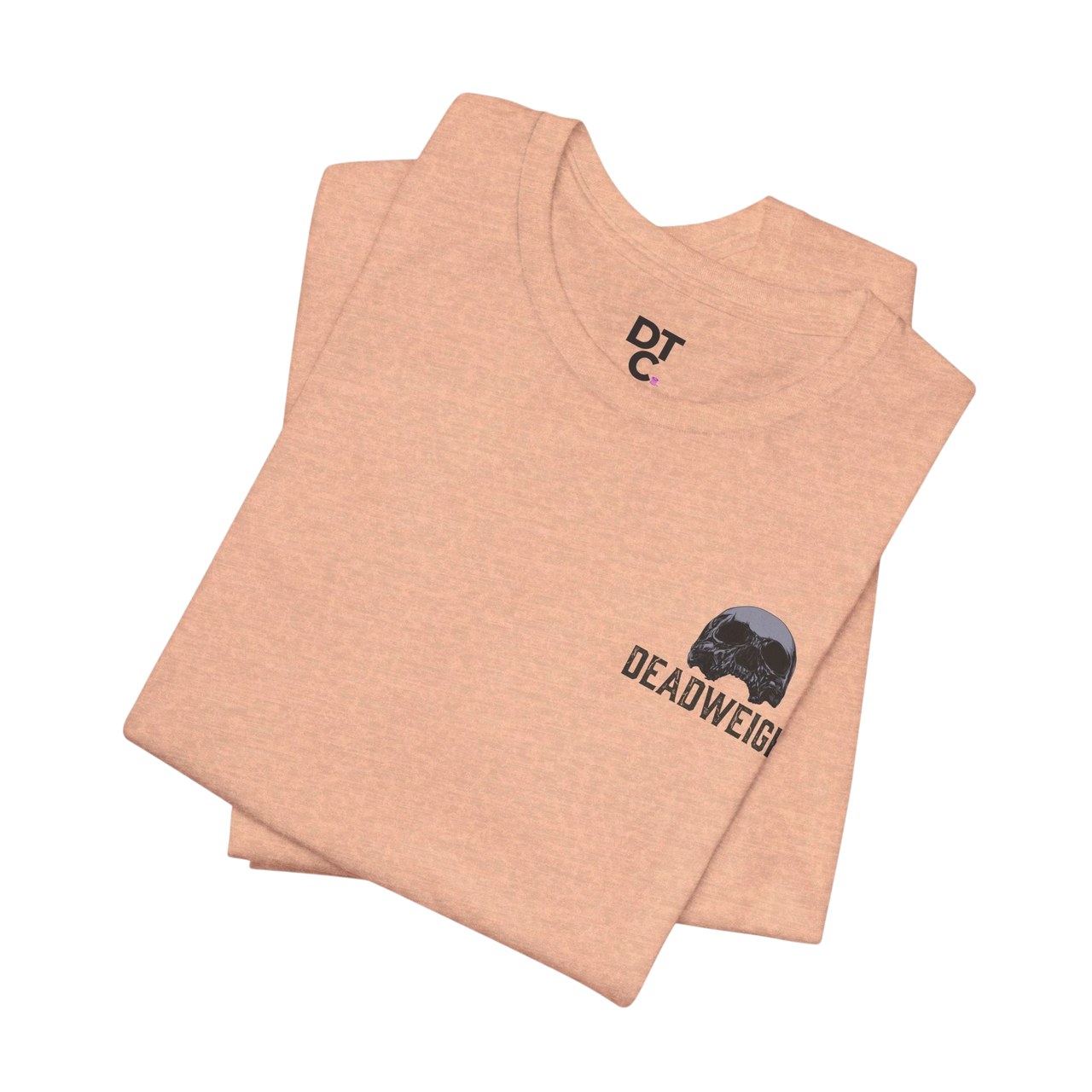 DailyThreadCo. peach athletic tee with crew neck and "DEADWEIGI" text and skull graphic on chest.