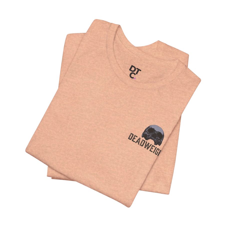 DailyThreadCo. peach athletic tee with crew neck and "DEADWEIGI" text and skull graphic on chest.