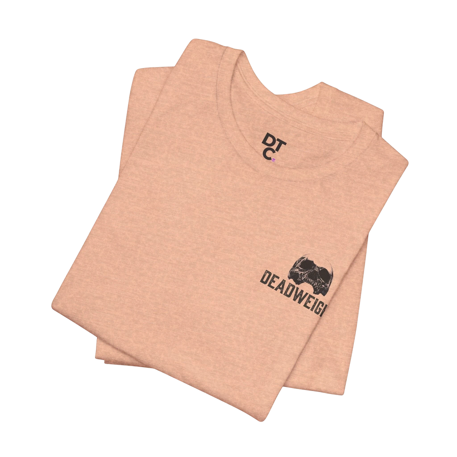 DailyThreadCo. peach cotton graphic tee with 'Deadweight' skull logo on chest and bold back text.