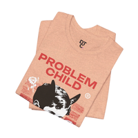 DailyThreadCo. peach cotton t-shirt with 'PROBLEM CHILD' graphic and retro punk kid design.