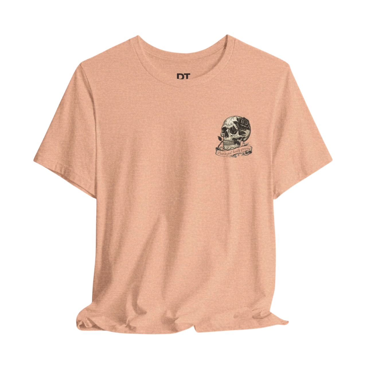DailyThreadCo. peach cotton tee with hand-drawn skull and rose graphic over the heart and back.