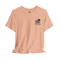 DailyThreadCo. peach cotton tee with hand-drawn skull and rose graphic over the heart and back.