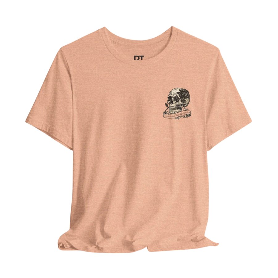DailyThreadCo. peach cotton tee with hand-drawn skull and rose graphic over the heart and back.