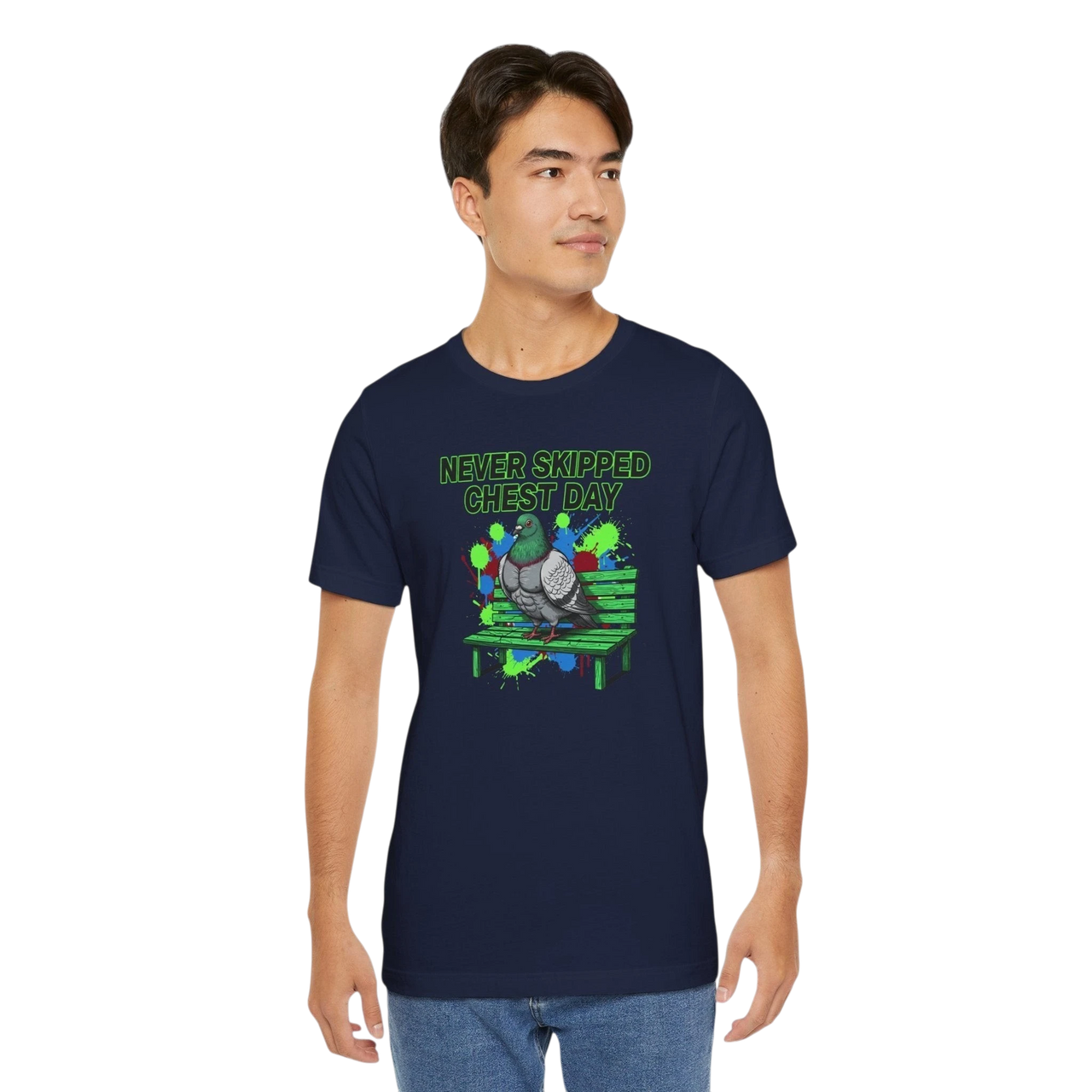 DailyThreadCo. navy blue 100% cotton t-shirt with a graphic print of a pigeon on a park bench and the text "NEVER SKIPPED CHEST DAY".