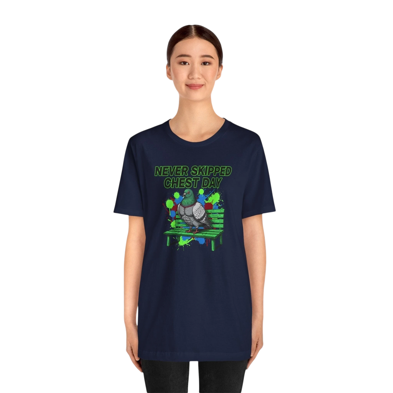 DailyThreadCo. navy blue cotton t-shirt with a graphic print of a pigeon on a bench, text reads "NEVER SKIPPED CHEST DAY".