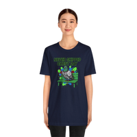 DailyThreadCo. navy blue cotton t-shirt with a graphic print of a pigeon on a bench, text reads 
