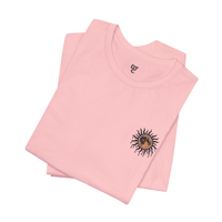 DailyThreadCo. light pink 100% cotton crewneck tee with a celestial sun and moon graphic on the left chest.