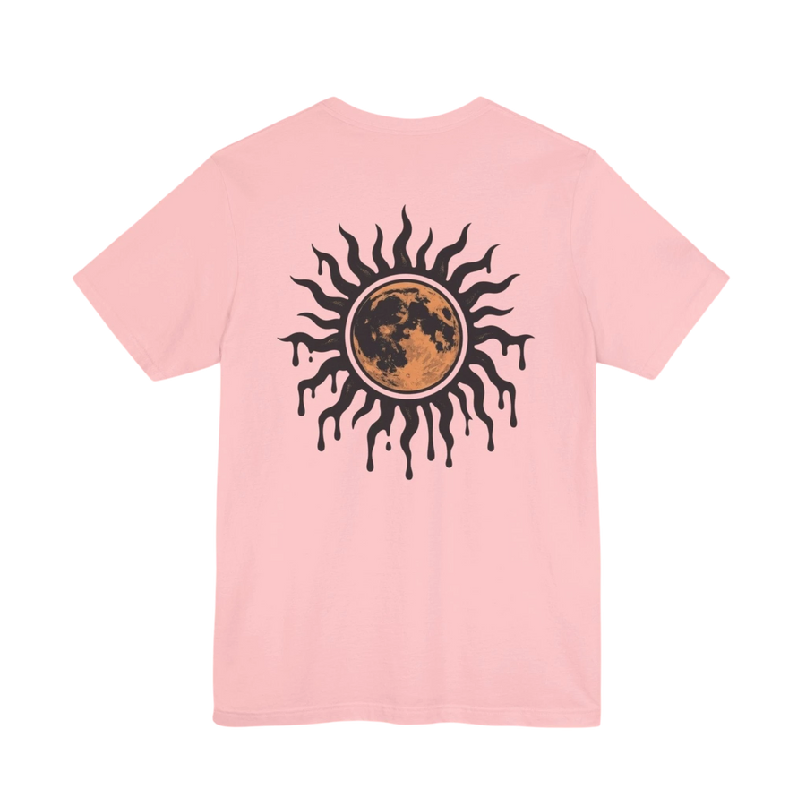 DailyThreadCo. light pink 100% cotton t-shirt with a distressed sun and moon graphic on the back.