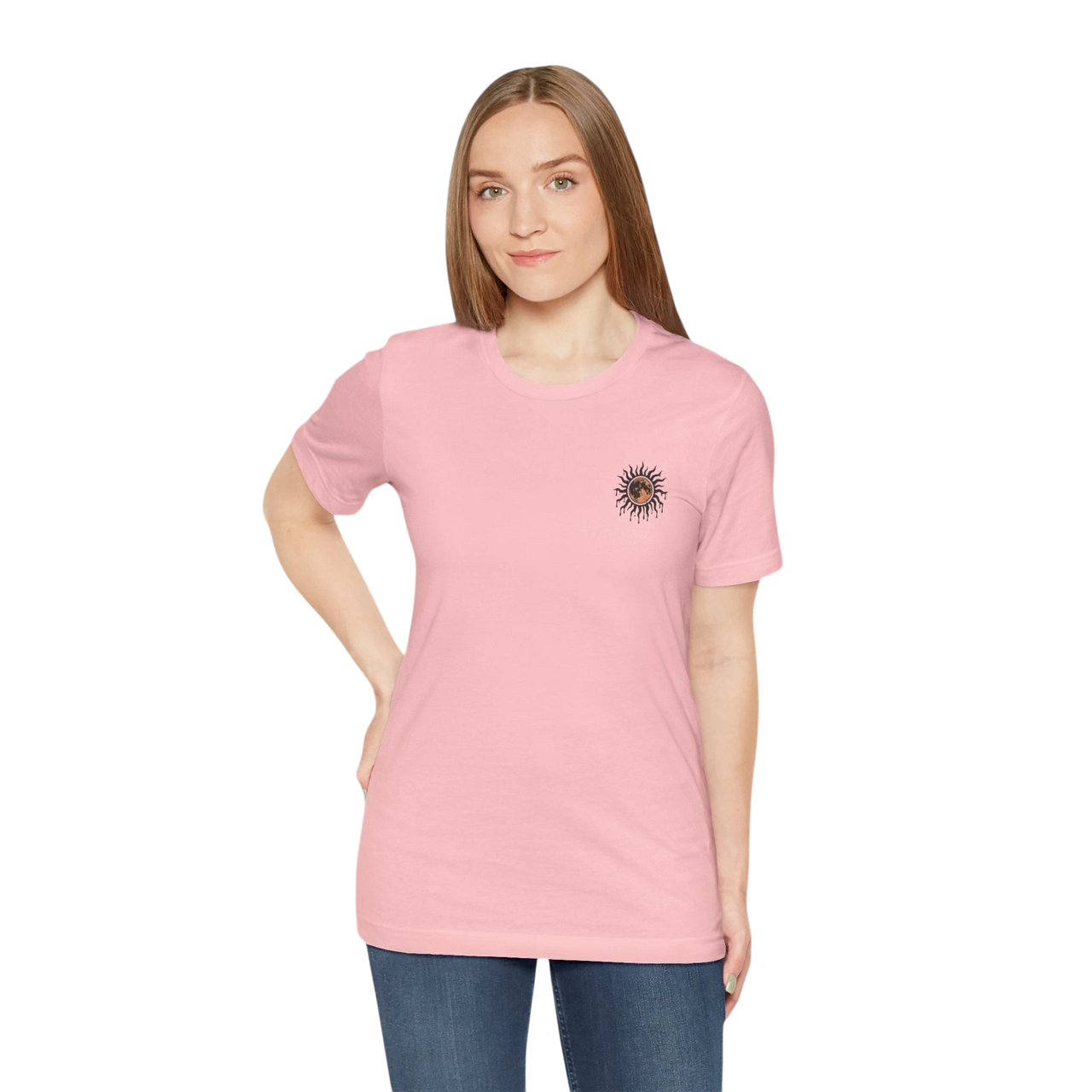 DailyThreadCo. pink cotton crew neck t-shirt with a celestial sun and moon graphic on the chest.