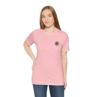 DailyThreadCo. pink cotton crew neck t-shirt with a celestial sun and moon graphic on the chest.