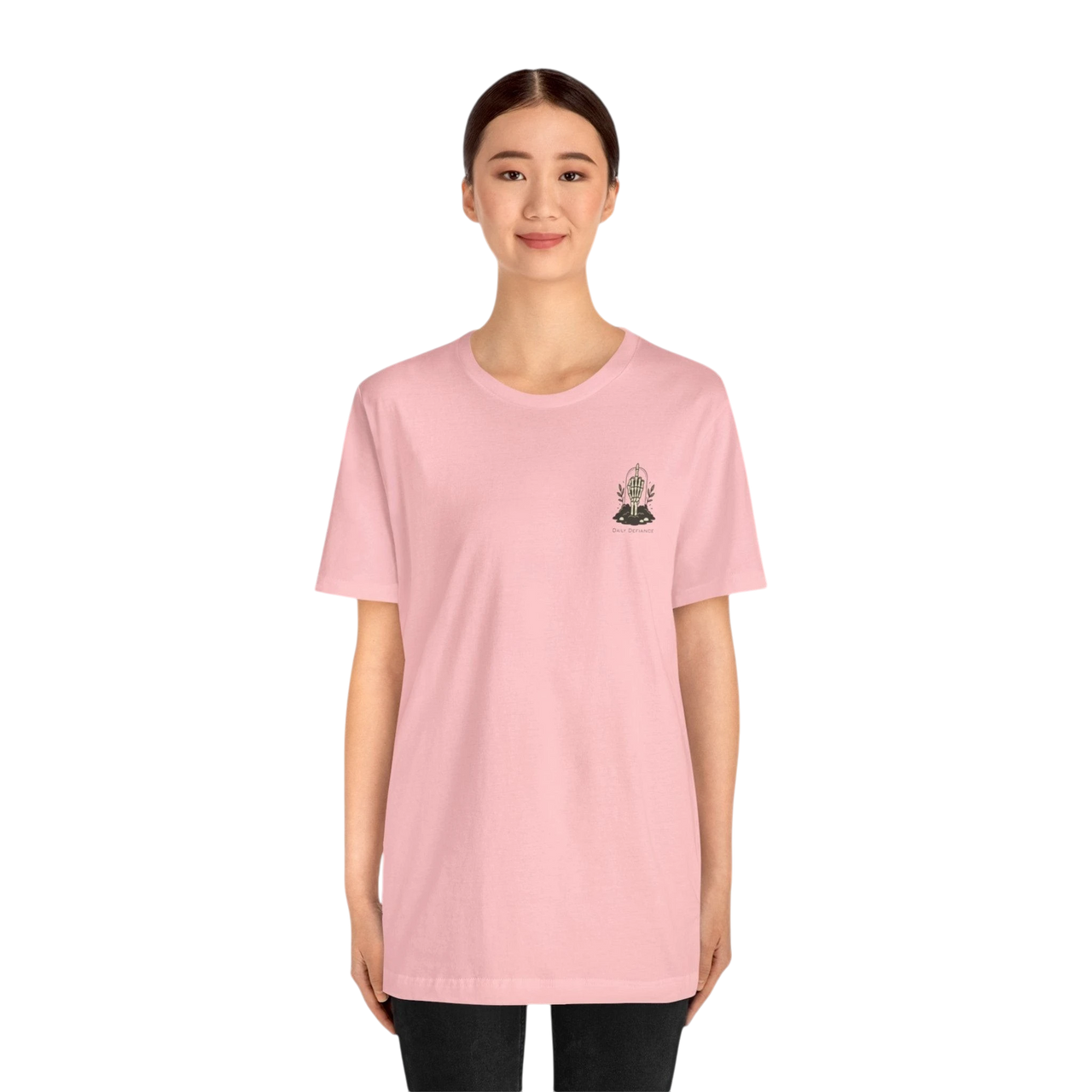 DailyThreadCo. light pink 100% cotton t-shirt with a small gothic skeleton hand graphic on the chest.