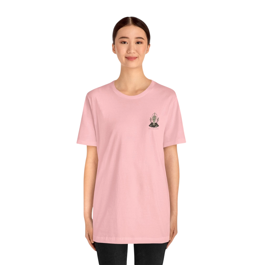 DailyThreadCo. light pink 100% cotton t-shirt with a small gothic skeleton hand graphic on the chest.