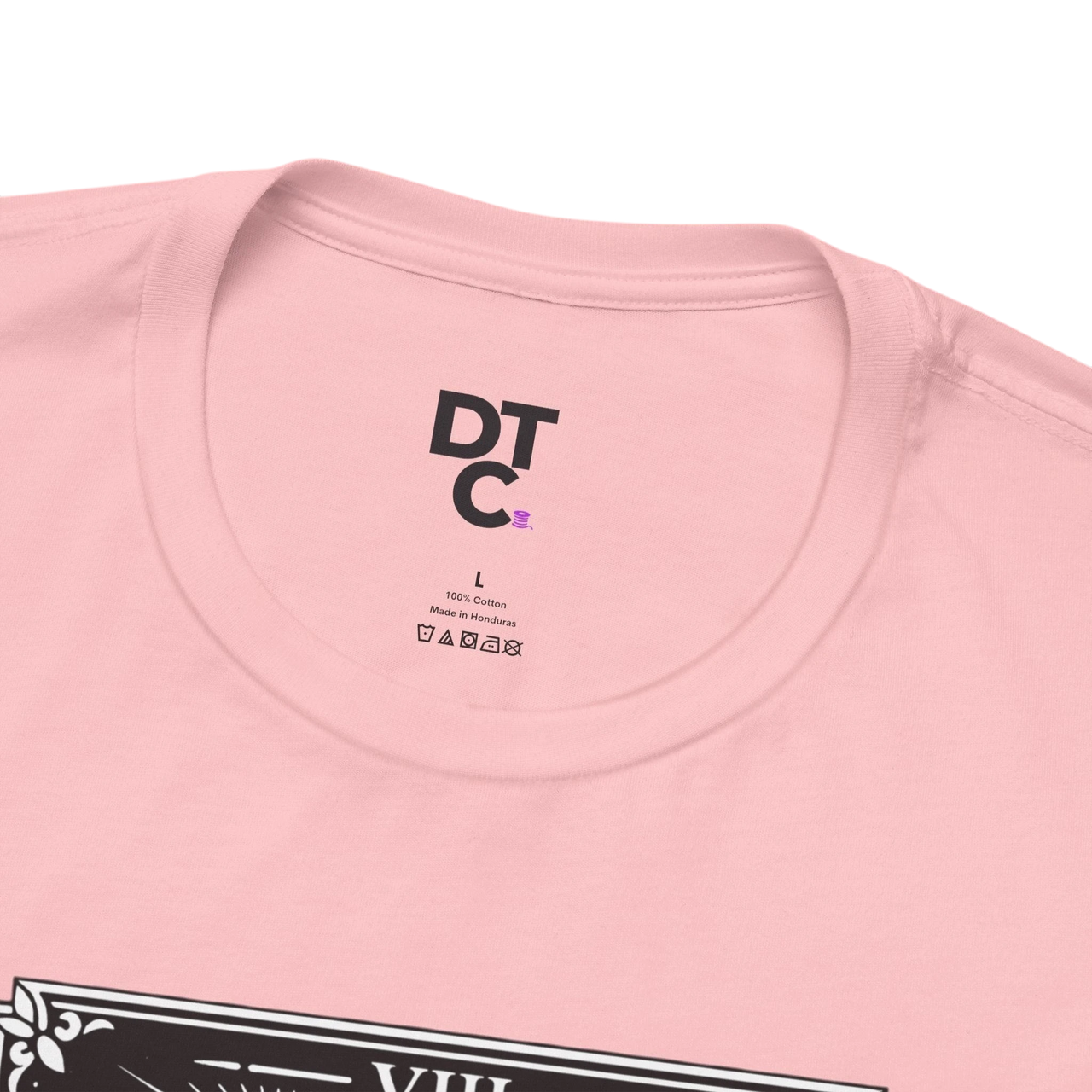 DailyThreadCo. pink 100% cotton crew neck t-shirt with vintage Strength tarot card illustration of woman and lion.